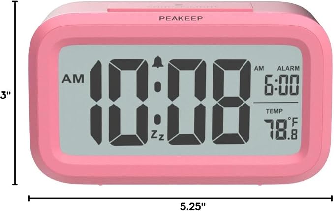 Peakeep Night Light Digital Alarm Clock Battery Operated Indoor Temperature | Small Cordless Cute Clock for Bedroom Desk Travel, Simple to Use for Teens Kids (Pink)