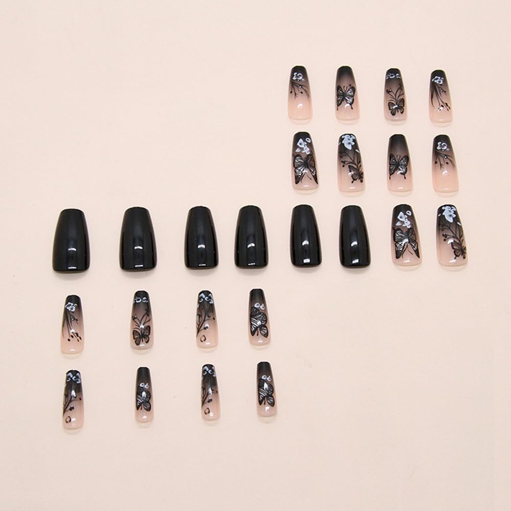 Medium Press on Nails Ballerina Square Dark Gradient Butterfly Flowers Design Fake Nails Press ons Ombre Acrylic False Nails Glue on Nails Reusable Nail Tips Full Cover Stick on Nails for Women 24Pcs