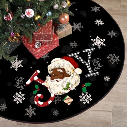 Tiamon Christmas Tree Skirt 48 Inch Black Santa Tree Skirt African American Xmas Tree Mat Decor Snowflake Joy Santa Claus Tree Decor for Winter Holiday Christmas Tree Decoration Supplies (Black)