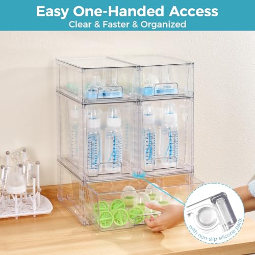 Vtopmart 6 Pack Clear Stackable Storage Drawers,Easy to Assemble Baby Bottle with handles,Plastic Drawers for Kitchen Pantry,Cabinet,Under Sink Organization - style: 1 Wide+2Large+2 Small