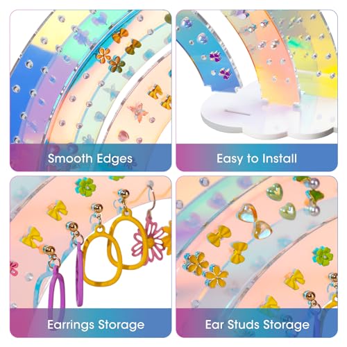 NiHome 3-Tier Iridescent Acrylic Rainbow Earring Organizer, Lightweight & Durable Design 140 Holes for 70 Pairs, Unique Front Row for Special Earrings, 11.8" W x 6.25" H - color: Iridescent