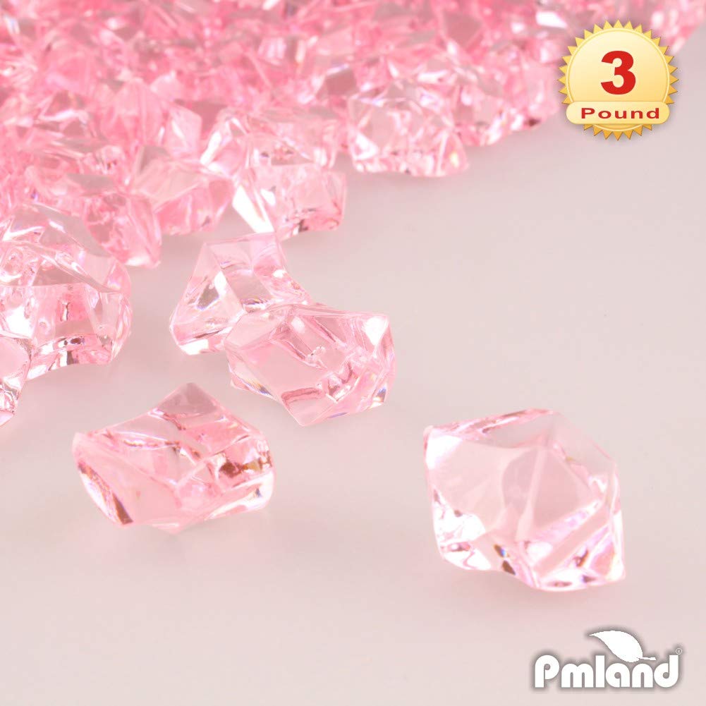 PMLAND Clear Fake Ice Rocks – 550 Pcs Large Pink Acrylic Gems Crushed Plastic Diamonds, 3 Lbs / 2.25 Quarts Bulk Vase Filler for Centerpieces Wedding Theme Décor Aquarium Table Scatter