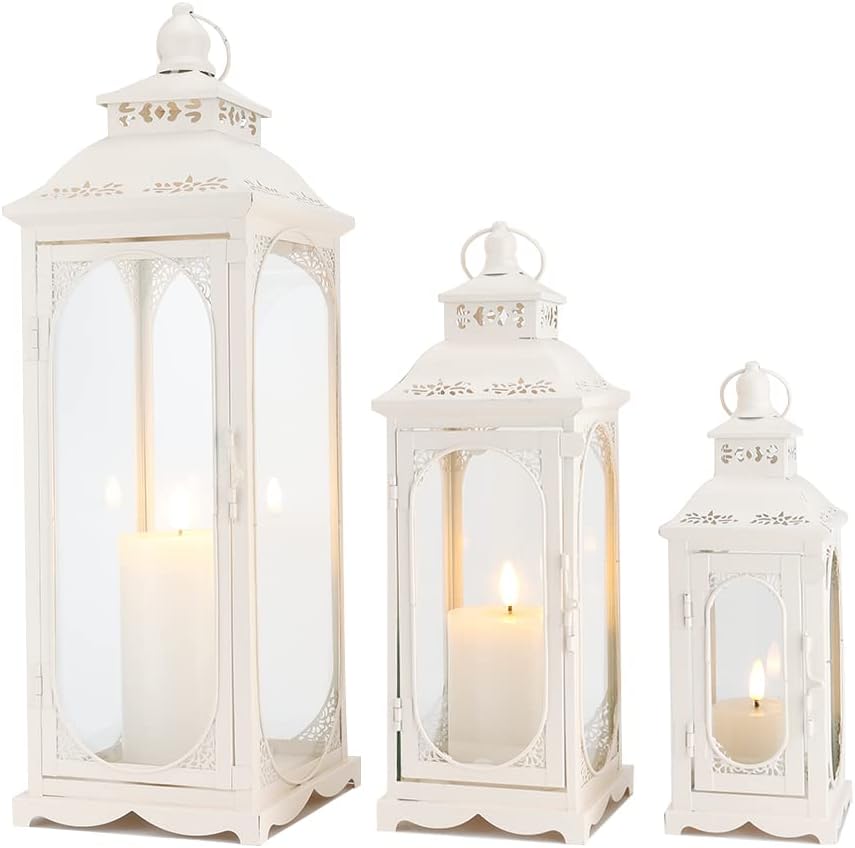 TRIROCKS Set of 3 Vintage Candle Lanterns 10/14/19.5'' High Decorative Outdoor Lantern Metal Candle Holder with Tempered Glass for Home Living Room Garden Yard Parties Events Indoors Outdoors (White)