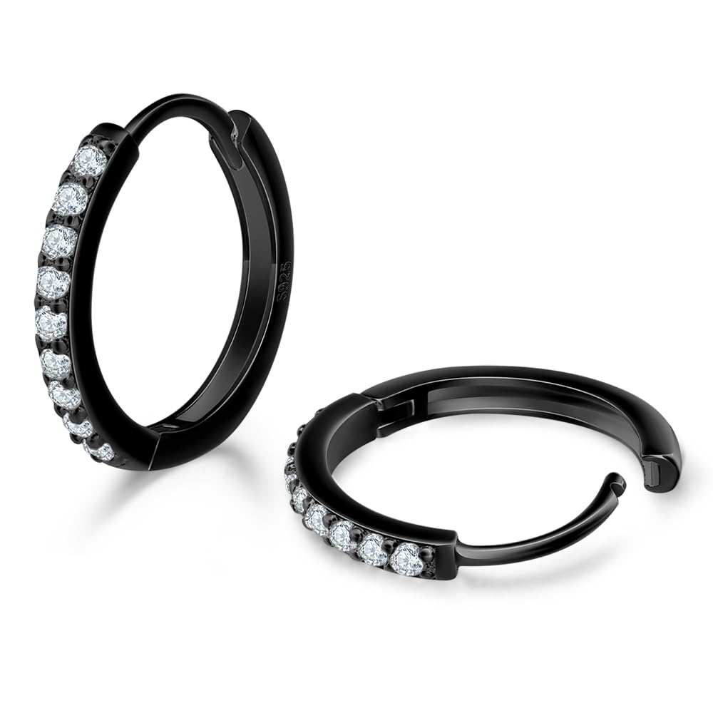 Black Hoop Earrings Sterling Silver Stud Earrings for Men Women 6 Pairs Hypoallergenic Tiny Cubic Zirconia Stud Set Cartilage Hoops 8mm 10mm 12mm