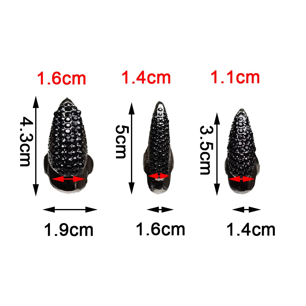 10PCS Halloween Costume Claws,Fake Nails Ring Set, Gothic Punk Crystal Full Finger Rings Paved Paw Bend Fingertip Fingernail Claw Girls Women Men Ring False Easy Long Nails Black(3 Sizes)