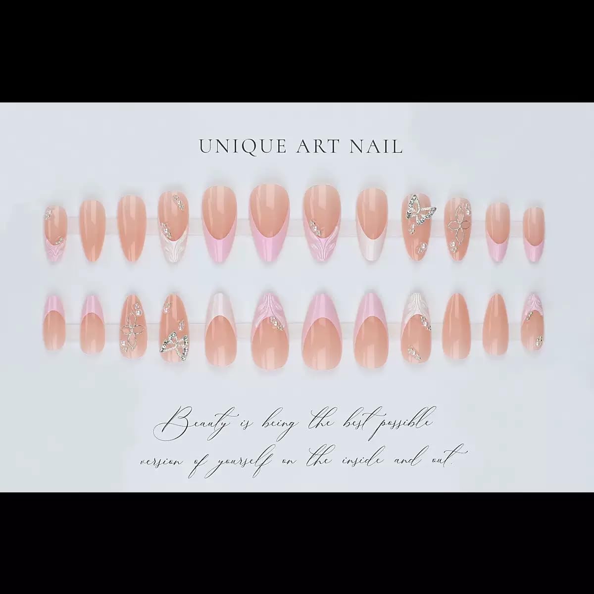 CTTHNBD Press on Nails Almond - French Tip Fake Nails with Silver Butterfly Design - Spring, Medium False Nails Press ons - for Women 24Pcs