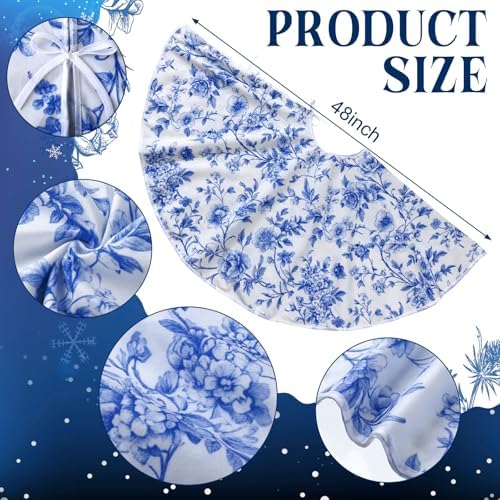 Blueweenly Blue and White Chinoiserie Christmas Tree Skirt 48 Inch Vintage Retro Chinoiserie Fabric Tree Skirt Cover Mat Farmhouse Decor for Xmas Holiday Party Decorations Indoor Outdoor