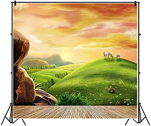AOFOTO Photography Girl Background 10x10ft Backdrop Dreamy Pastoral Scenery Cartoon Painting Rosy Clouds Sheep Grass Hillside Wood Floor Photo Shoot Studio Props Video Artistic Portrait - size: 10x10ft