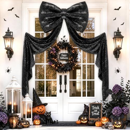 Halloween Giant Bow Decor Black Christmas Tree Topper Decor Sequin Big Bows with Long Ribbon 75 x 23 Inch Large Sparkly Bow for Halloween Front Door Wreath Party Backdrop Christmas Tree Topper Decor