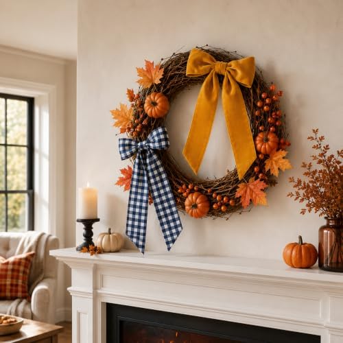 Suncalla 8 Pcs Fall Wreath Bows 14.2-17.9in Buffalo Plaid Velvet Burlap Bow