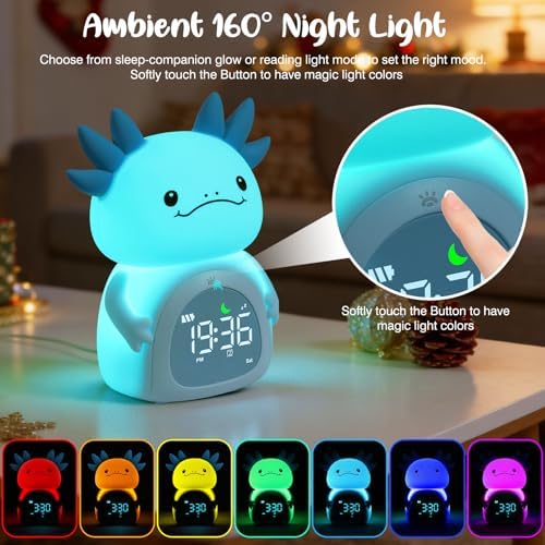 Axolotl Alarm Clock for Kids, Rechargeable Ok to Wake Clock with Night Light - BPA-Free Silicone Sleep Training Clock, Cute Toddler Wake Up Clock for Boys Girls Bedroom