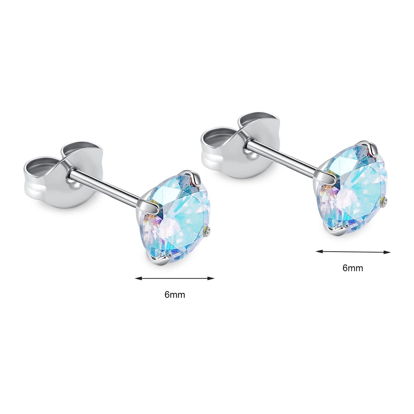 1 Pair Implant Grade Titanium Stud Earrings Set Hypoallergenic 3mm 4mm 5mm 6mm Cubic Zirconia G23 Titanium Earring Studs for Women Men for Sensitive Ear (6mm Aurora)