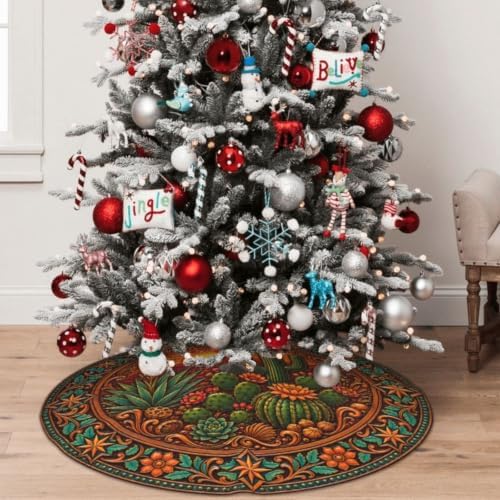 Western Cactus Christmas Tree Skirt Xmas Tree Skirt, Winter Christmas Tree Mat for Home Party Holiday Indoor Outdoor Decorations
