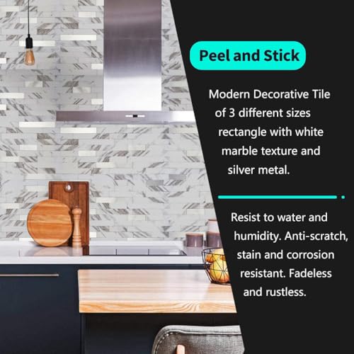 10-Sheet Peel and Stick Backsplash Tile, PVC Mixed Metal Stick on Kitchen, Bathroom Vanities, Fireplace Décor, Laundry Table(White Marble + Silver-2) - color: White Marble + Silver-2