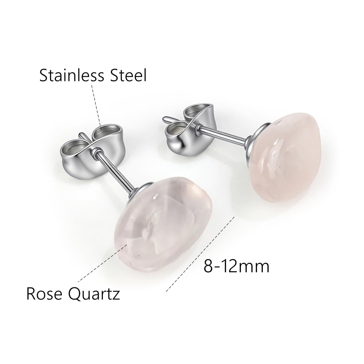 ZILENIU Rose Quartz Stud Earrings, 8-12mm Pink Stone, Handmade, Hypoallergenic Stainless Steel, Casual Wear