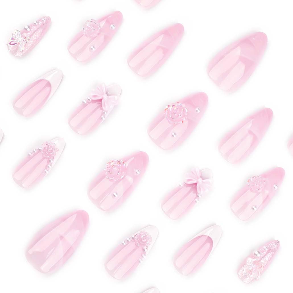 Foccna French Press on Nails Pink Medium, 3D Flower Fake Nails Almond Acrylic False Nails White,Artificial Nails for Women and Girls 24pcs