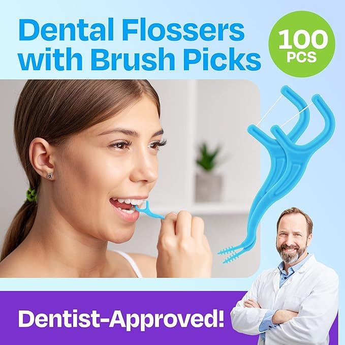 Trueocity Dental Flossers Brush Picks 2 Pack w/Travel Case (100 Total Count), Dental Floss Glides Easy, Flosser Helps Prevent Tooth Decay & Gum Disease, Easy Grip, Flossers for Adults, Mint Flavored