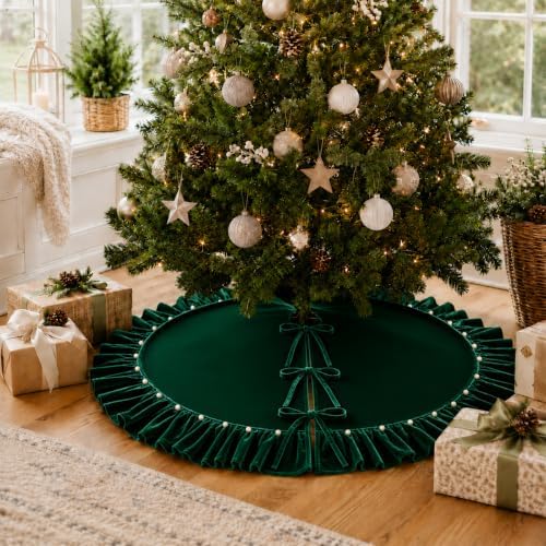 Christmas Tree Skirt,Velvet Tree Skirt with Ruffled Edge with Pearls, Classic Large Velvet Fur Plush Tree Skirt for Merry Christmas(DarkGreen,60Inch)