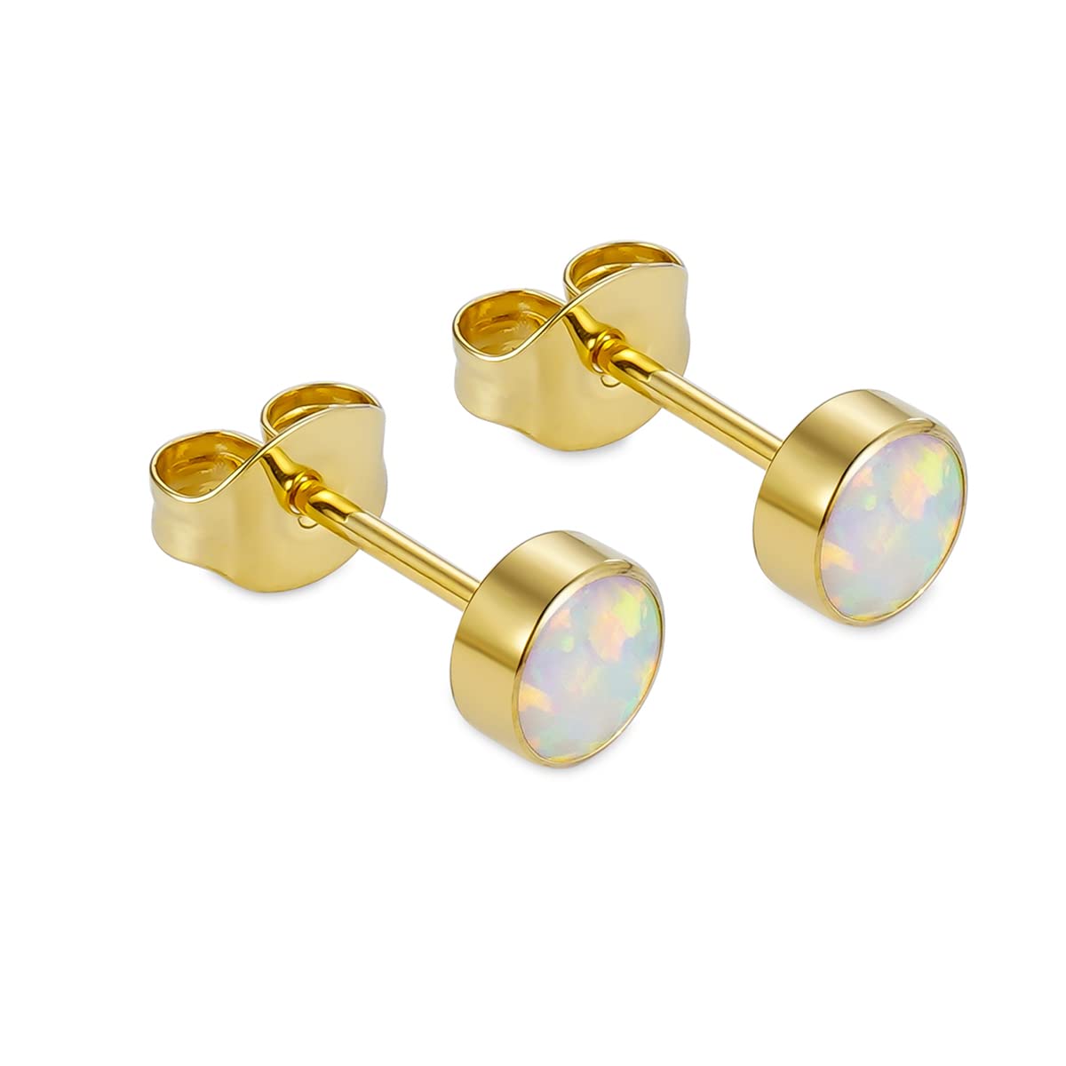 1 Pair G23 Titanium Stud Earrings Set Hypoallergenic 3mm 4mm 5mm 6mm Cubic Zirconia Studs for Women Men for Sensitive Ear (5mm bezel gold white opal)