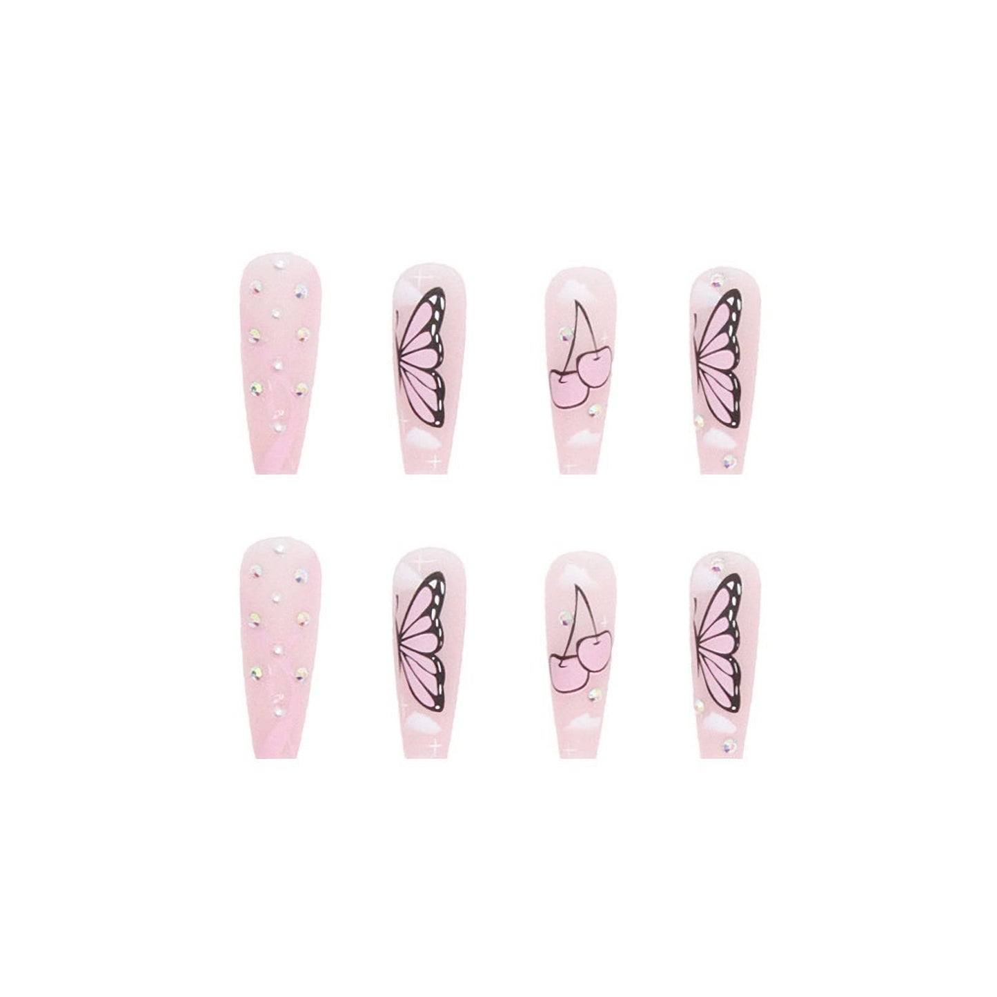 MISUD Press on Nails - Long Coffin Glue on Nails with Butterfly Rhinestone, Acrylic Pink Design 24 pcs