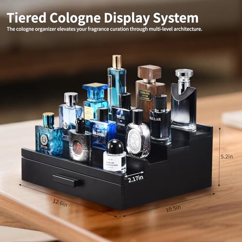 Perfume Organizer for Men, 4 Tier Wood Perfume Display Stand with Velvet Lining Drawer and Hidden Compartment for Watch,Jewelry,Perfume Display Risers,A Gift for Men (Black) - style: 4 Tier - Black