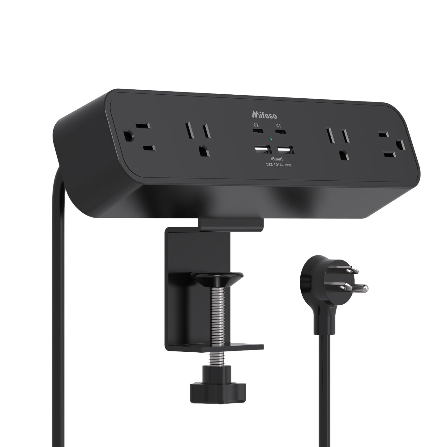 PD30W Desk Clamp Power Strip, Desktop Mount Surge Protector, Fast Charging Station, 5Ft Extension Cord Desk Mount Shelf with 4 Outlets 4 USB Ports (2 USB C), Home Office Accessories Essentials, Black