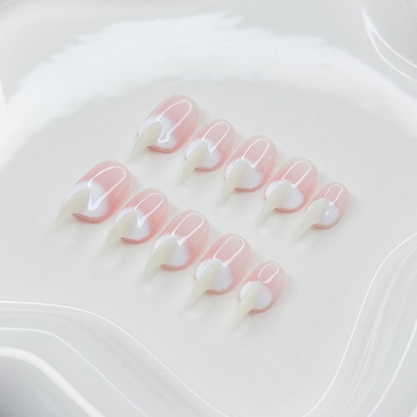 10 Pcs Handmade Press on Nails Medium Curved Stiletto Cat Claw Fake Nails Unique Pink White Designs Thick 3D Cat Claw Nails Press Ons Reusable Glossy Acrylic French Gradient Stick on Nail (S)