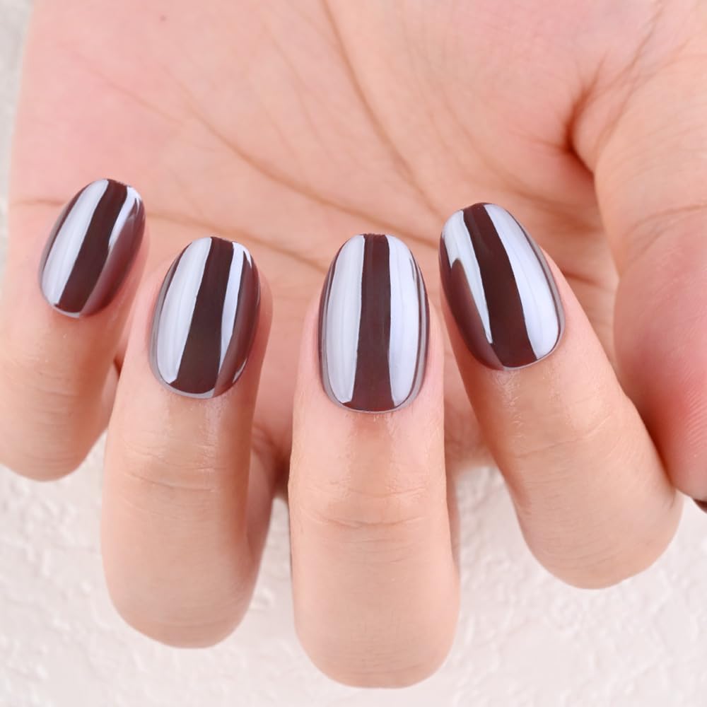evpct Dark Brown Glazed Press on Nails Short Oval, Extra Short Chrome Metallic Aurora Stick on Nail for Women, Reusable Full Cover Soft Press on Fake Nail Perfectly Fit