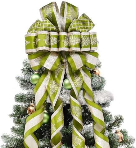 Christmas Tree Topper Bow, 13" Large Olive Green & Gold Glitter Ribbon Bow with Snowflake Print, Winter Wonderland Xmas Tree Top Decoration for Elegant Holiday & Farmhouse Decor