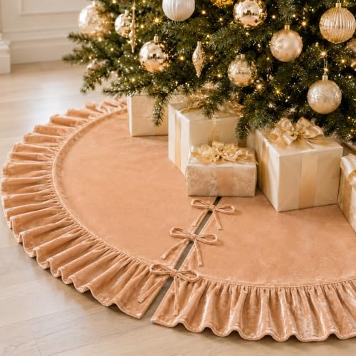 Christmas Tree Skirt,Velvet Tree Skirt with Ruffled Edge, Classic Large Velvet Fur Plush Tree Skirt for Merry Christmas(Khaki,60Inch)