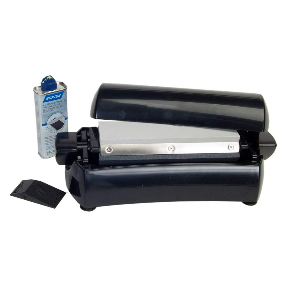 Norton IM200S Knife Sharpener, Oil Stone Sharpening Stone Kit with Medium/Extra Fine Grit, Stone Sharpener Holder and Knife Angle Guide