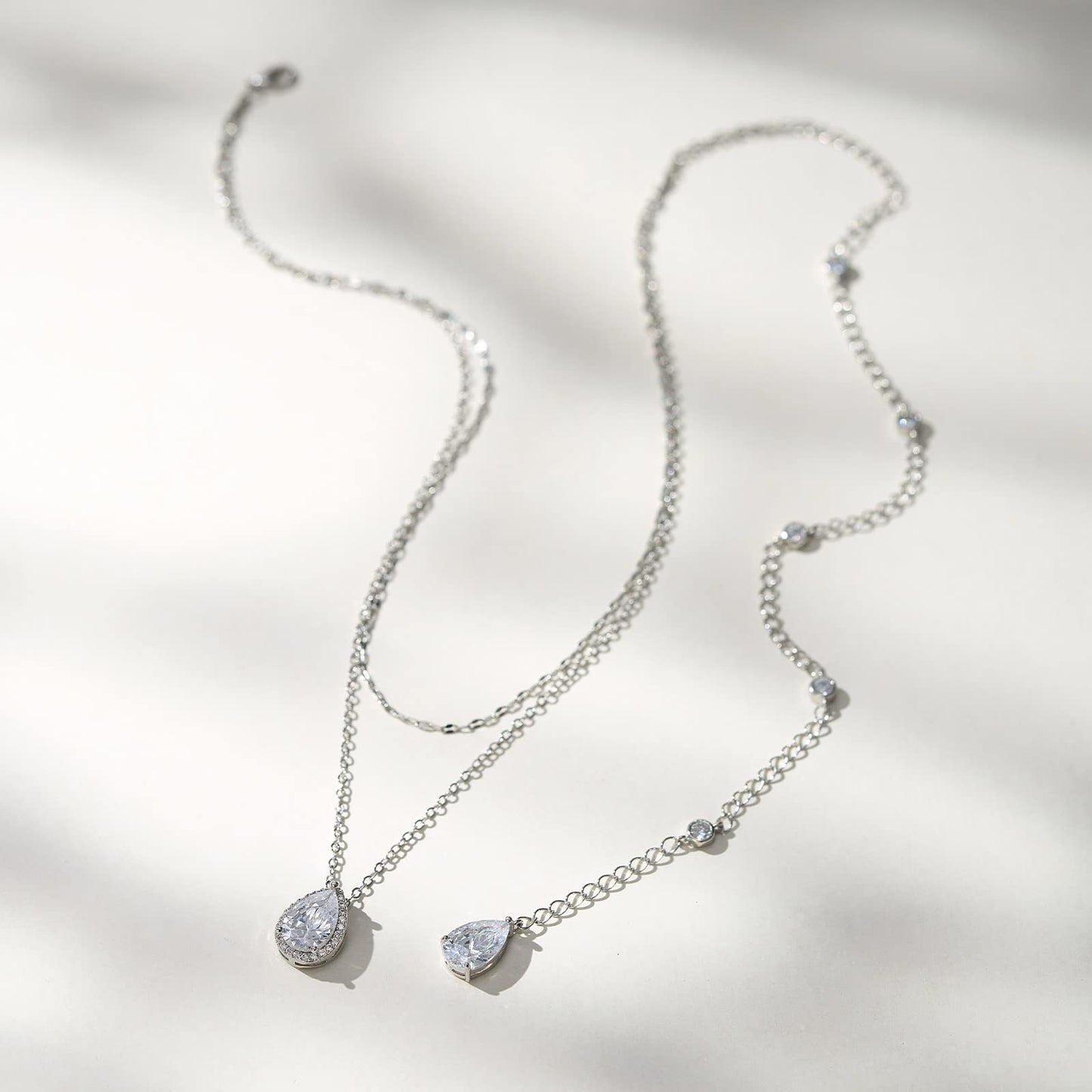 SWEETV Teardrop Wedding Back Necklace for Bride Bridesmaids, Silver Cubic Zirconia Simple Back Pendant Bridal Necklace for Wedding Party