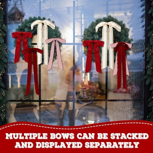 Suncalla 8 Pcs Christmas Wreath Bows Farmhouse Stripe Velvet, 13.8-17.7 in
