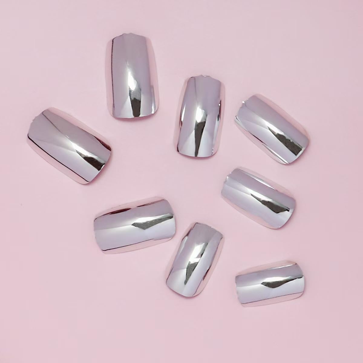 Silver Press on Nails Short Square Fake Nails Metal Chrome False Nails Press ons Glossy Silver Mirror Acrylic Nails Full Cover Holographic Metal Chrome Glue Stick on Nail for Women Manicure 24pcs