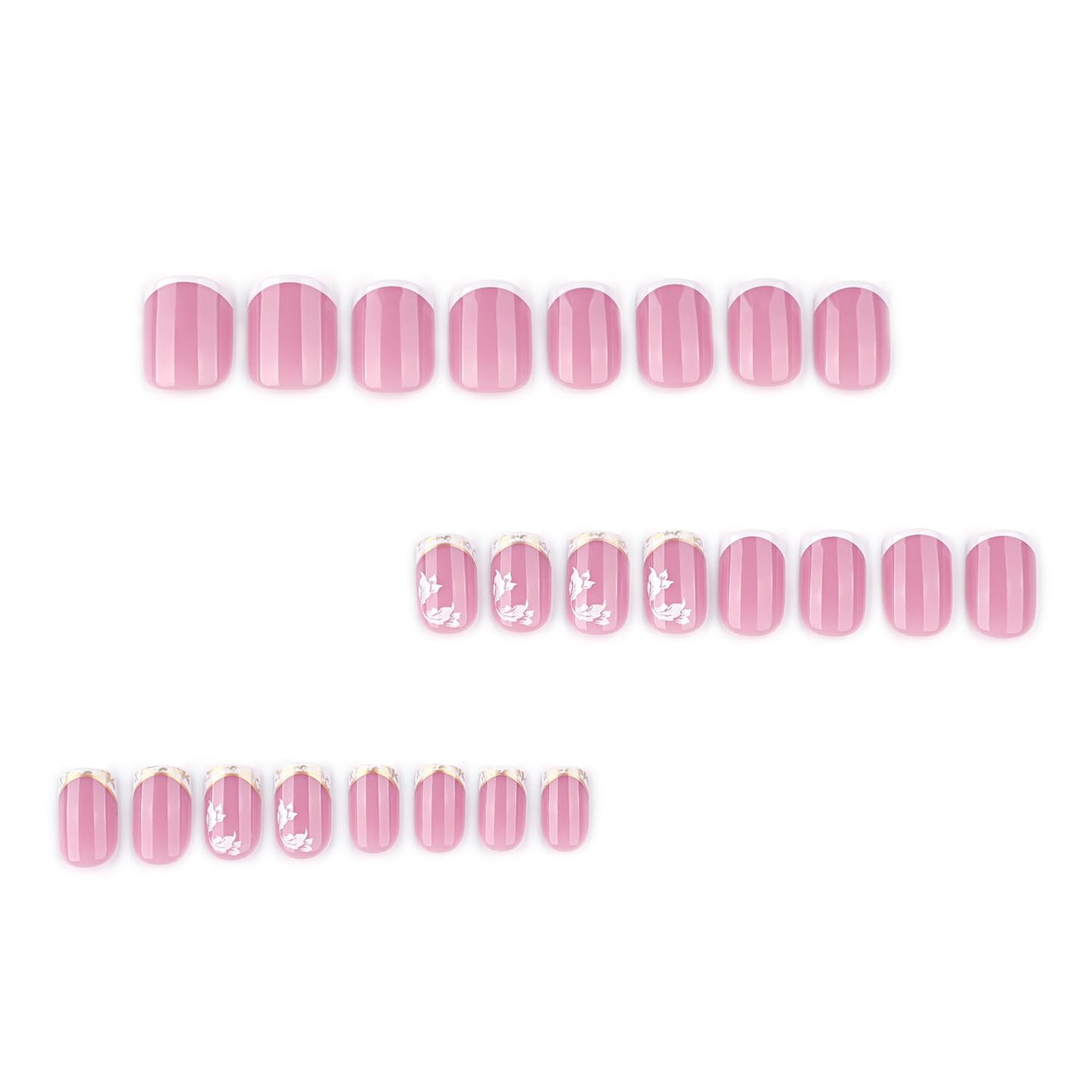White French Tip Press on Nails Short Square Fake Nails with Flower Designs Summer Floral Glue on Nail Reusable Artificial Extra Short Acrylic Full Cover Stick on False Nail for Wedding Women 24 Pcs
