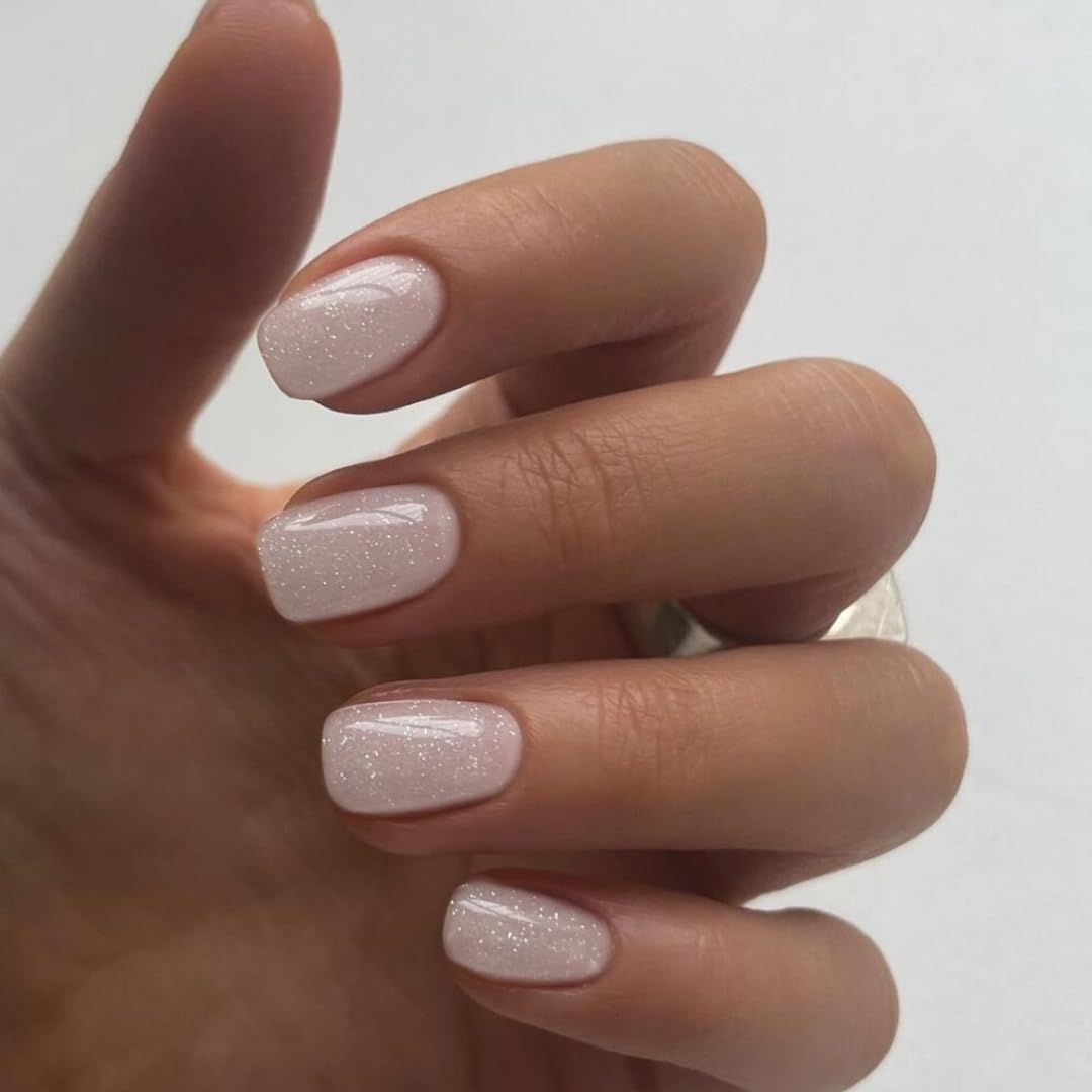 KQueenest Cat Eye White Press on Nails Short Square, 30 Pcs Glitter Acrylic Fake Nail Press ons, Shiny Sparkle Glue on Nails Short Coffin, Reusable Full Cover False Stick on Nails for Women