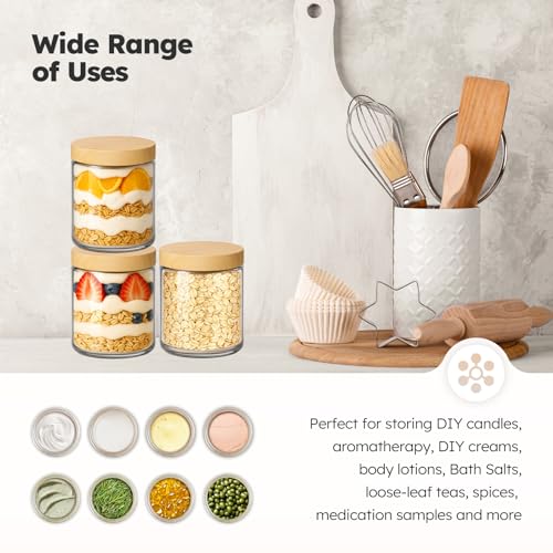 8 oz Glass Jars with Lids, 12 Pack Small Glass Jars with Plastic Woodgrain Lids, Lotion Container Empty Cosmetic Travel Containers for Sample, Cream, Lotion, Honey, Powder - color: Clear-Woodgrain Lids, size: 8 Ounces