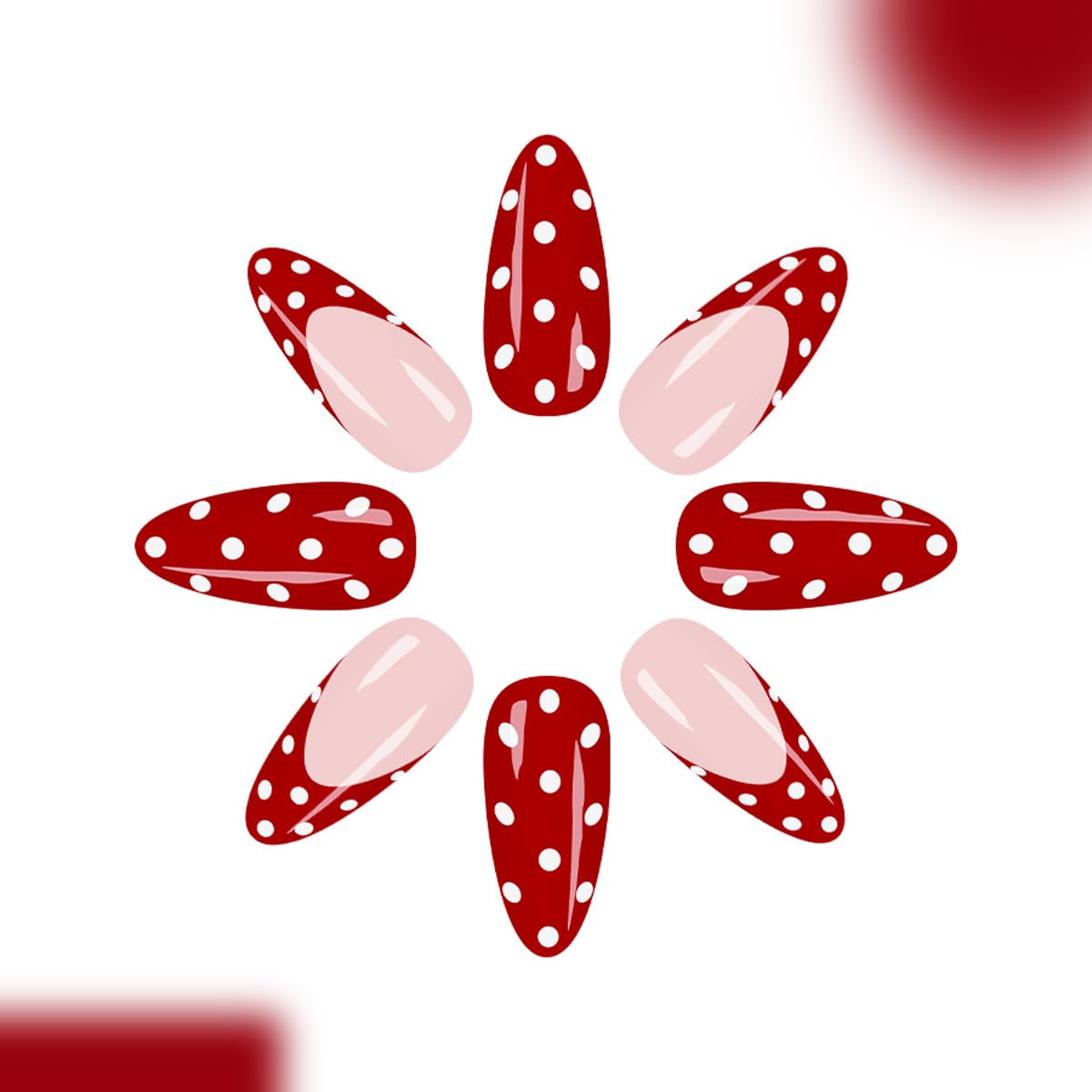 Polka Dot Press on Nails Medium Almond Fake Nails Red & White False Nails French Tip Design Full Cover Glossy Glue on Nails for Women 24PCS