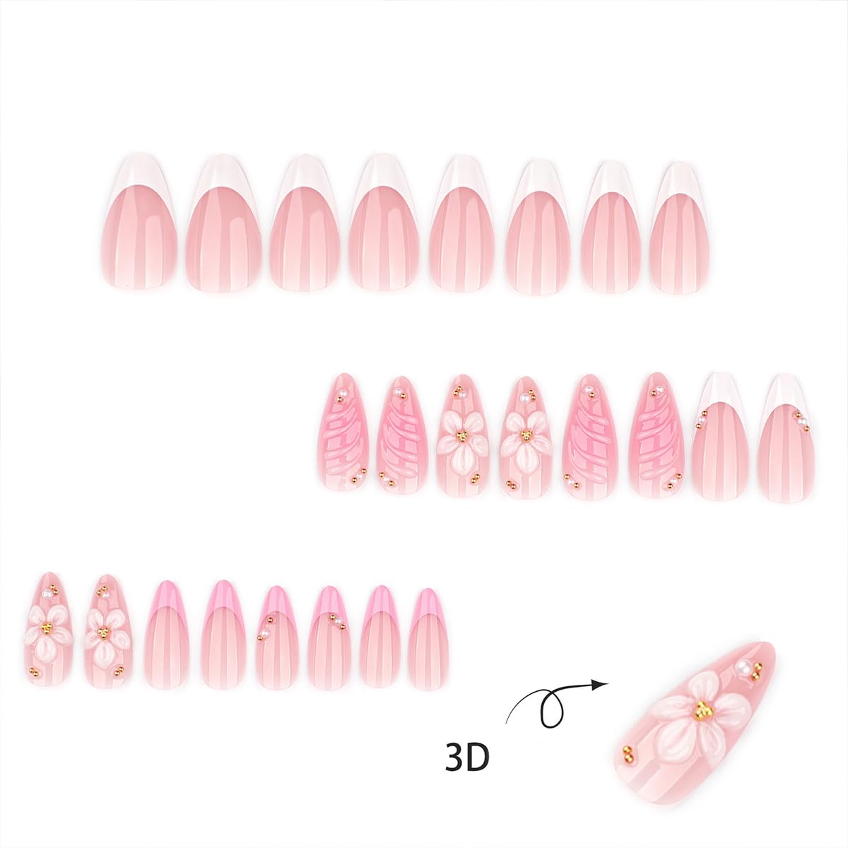 White Frech Tip Press on Nails Medium Almond Fake Nails Press ons with 3D Floral Pearl Design Spring Summer False Nails Nude Pink Reusable Acrylic Stikc on Nails for Women Maicure | 12 Sizes-24 Pcs