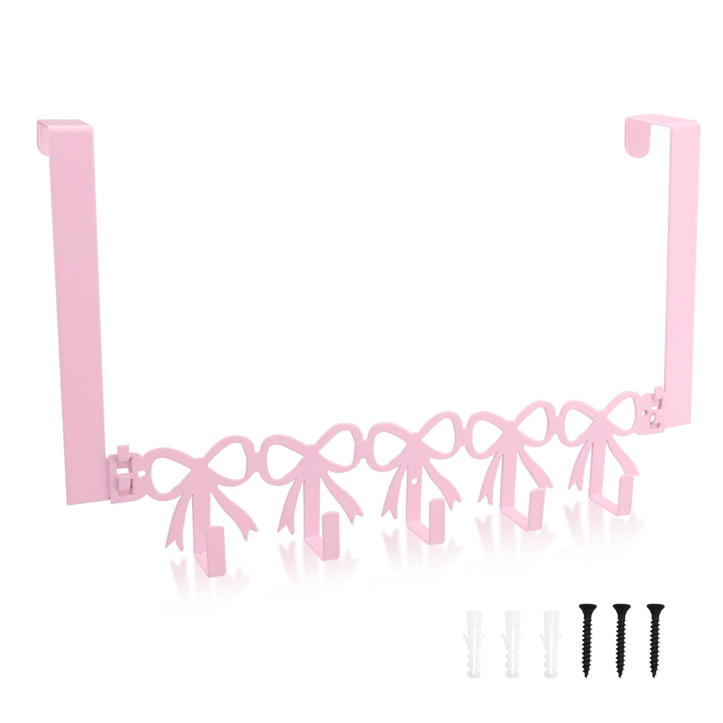 Yitexin 2 Way Mounting, Wall Mount or Over the Door Hooks, Cute Pink Bow Door Rack Hanger for Hanging, Heavy Duty Towel Rack with 5 Hook for Hats Purses Coats Clothes Bathroom Organizer (Pink)