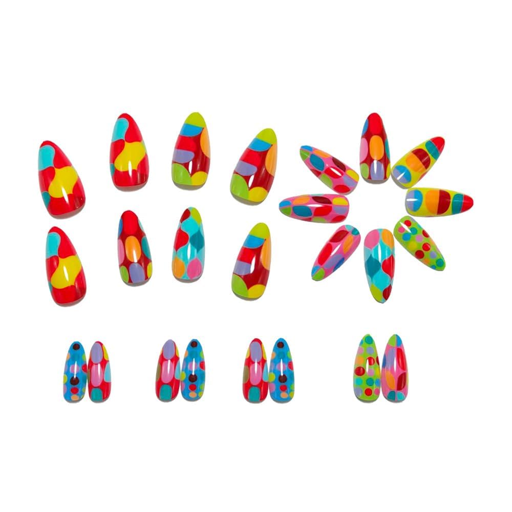 plalely Almond Press on Nails Medium Gradient Fake Nail Big Colorful Polka Dot Acrylic Nail Press ons Stick on Nail for Women 24pcs