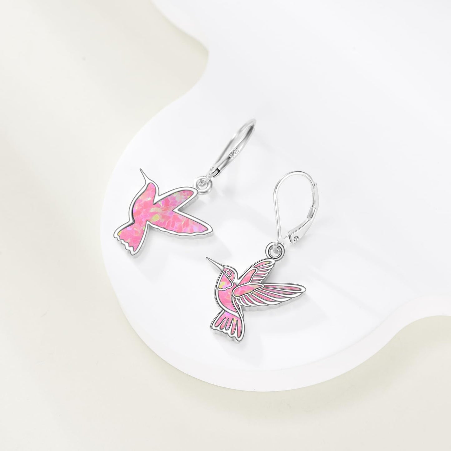 Hummingbird Dangle Earrings 925 Sterling Silver Bird Earrings for Women Bird Earrings (Pink Opal Hummingbird Earrings)