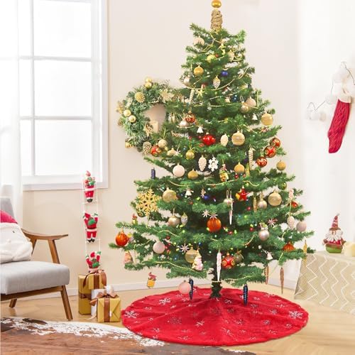 Red Plush Christmas Tree Skirt: 36 Inch Red Faux Fur Tree Skirt with Silver Sequin Snowflakes for Merry Christmas Party Tree Decorations