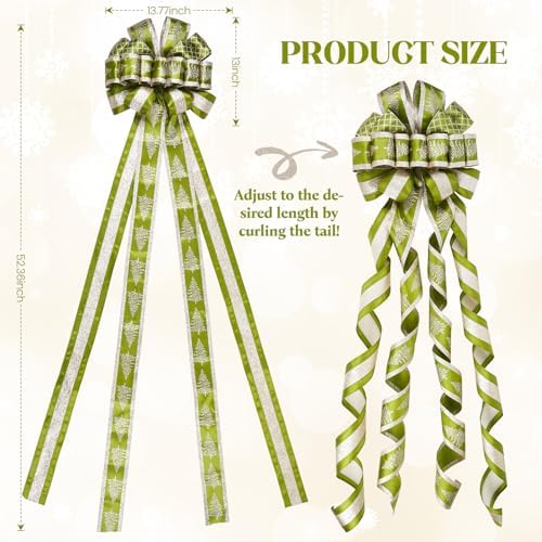 Christmas Tree Topper Bow, 13" Large Olive Green & Gold Glitter Ribbon Bow with Snowflake Print, Winter Wonderland Xmas Tree Top Decoration for Elegant Holiday & Farmhouse Decor