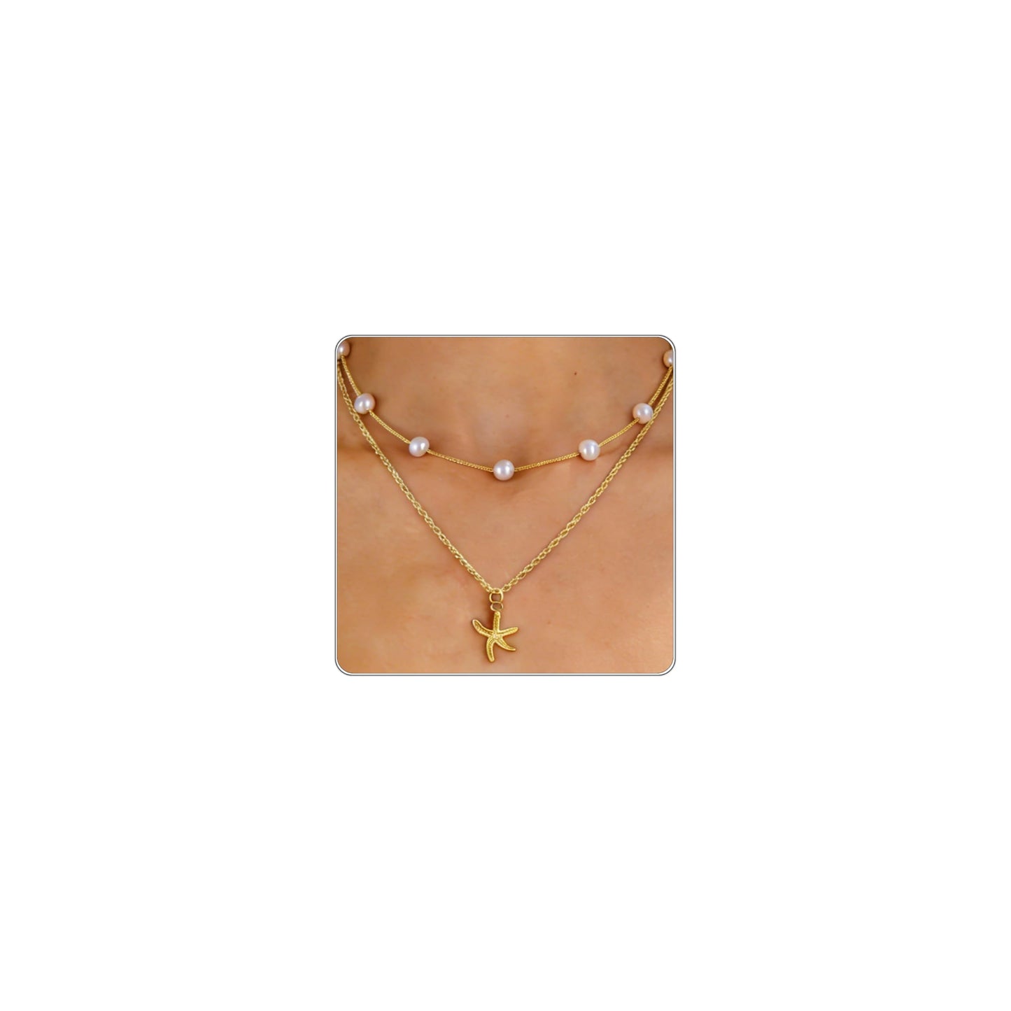Beach Layered Starfish Necklace for Women, 14K Gold Plated Shell Conch Seashell & Pearl Charm Pendant, Dainty Coastal Summer Vacation Jewelry