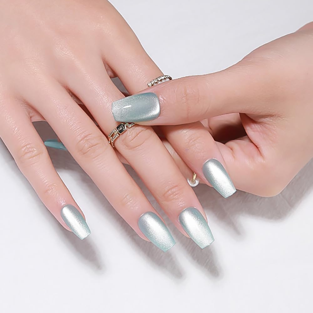 evpct Cat Eye Coffin Press on Nails Medium Square No Glue, Stick on Nails Medium Square for Women, Teal Light Blue Green Metallic Glitter Glossy Reusable Stick Acrylic Fake Press on Nail with Designs