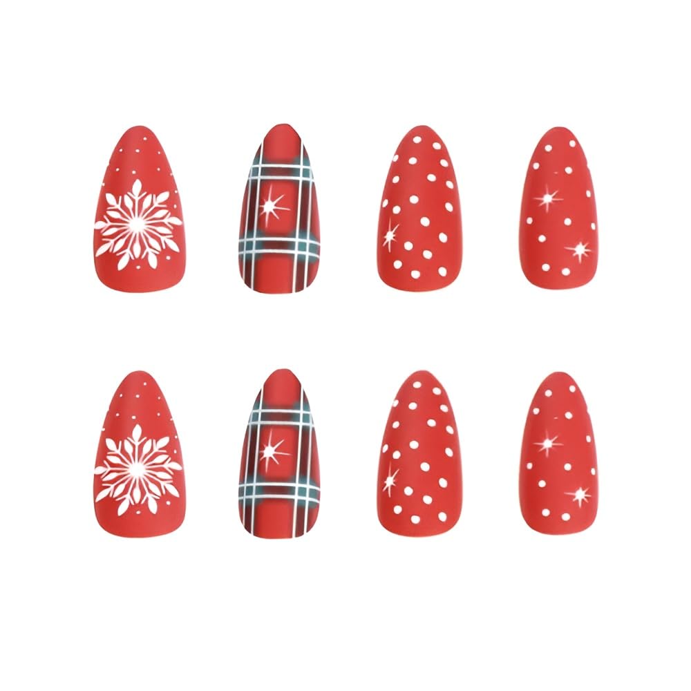 Almond Christmas Press on Nails Medium Red Fake Nails with White Snowflake Design Matte Christmas False Nails Acrylic Nails Full Cover Glue on Nails Stick on Nails for Women and Girls
