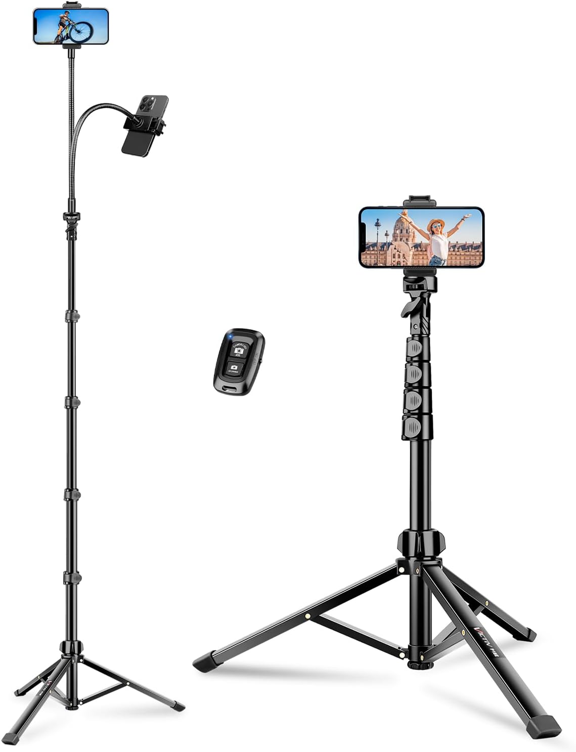 Phone Tripod, 86" Tall Tripod Stand with Gooseneck, Remote and Phone Holder, Suitable for Recording Fitness Vlog Watching Cooking, Compatible with Smartphone, Camera