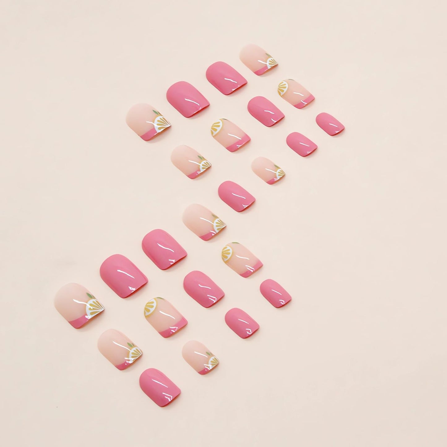 IMSOHOT Short Square Pink French Tip Fake Nails Cute lemon Designs Glossy Glue on 24 Units Summer Fruit Squoval Artificial Nails