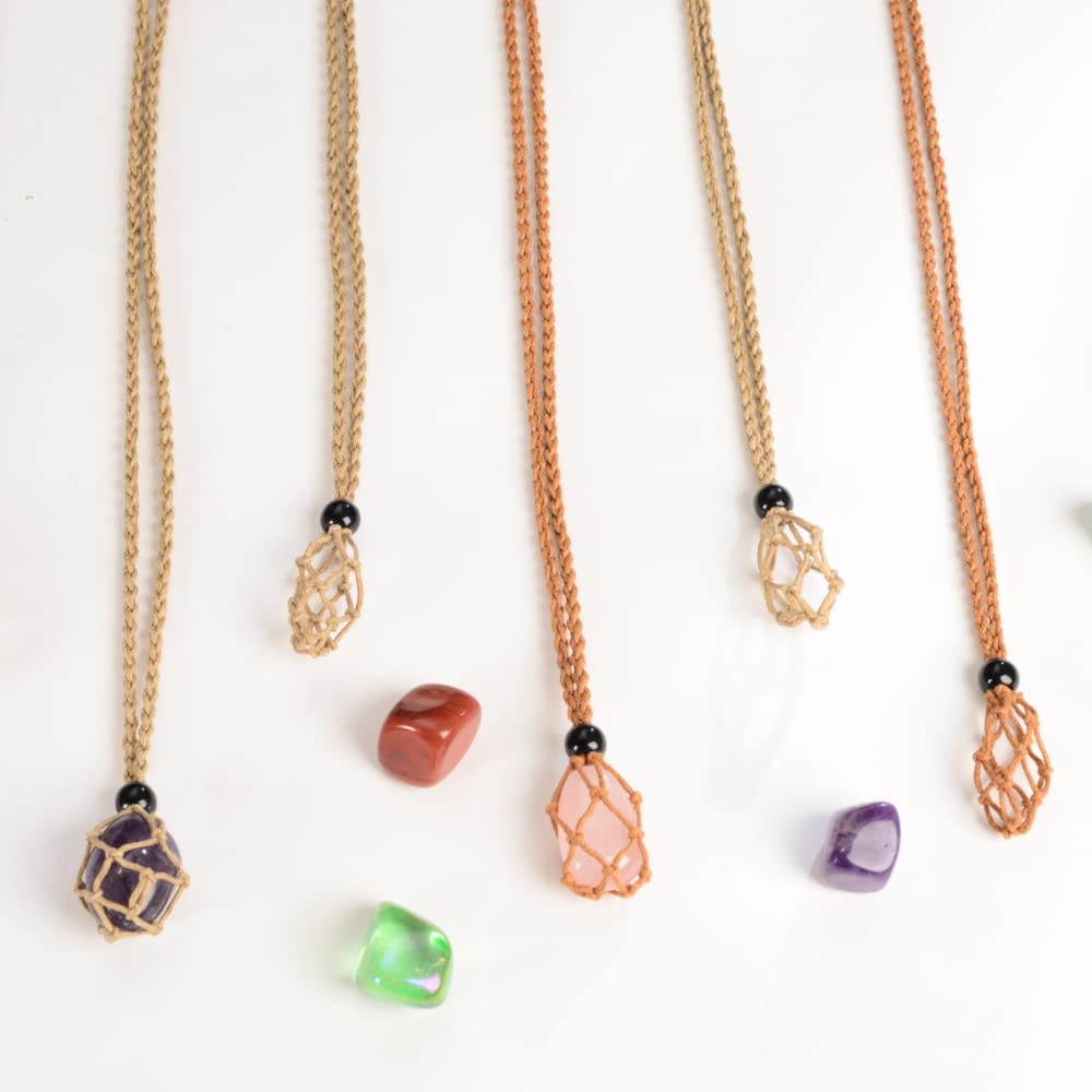 Anjiucc 12 PCS Crystal Cage Necklace With Adjustable Length - Empty Stone Pendant Holder Replacement Hand-Woven Cord (Coffee + Khaki)